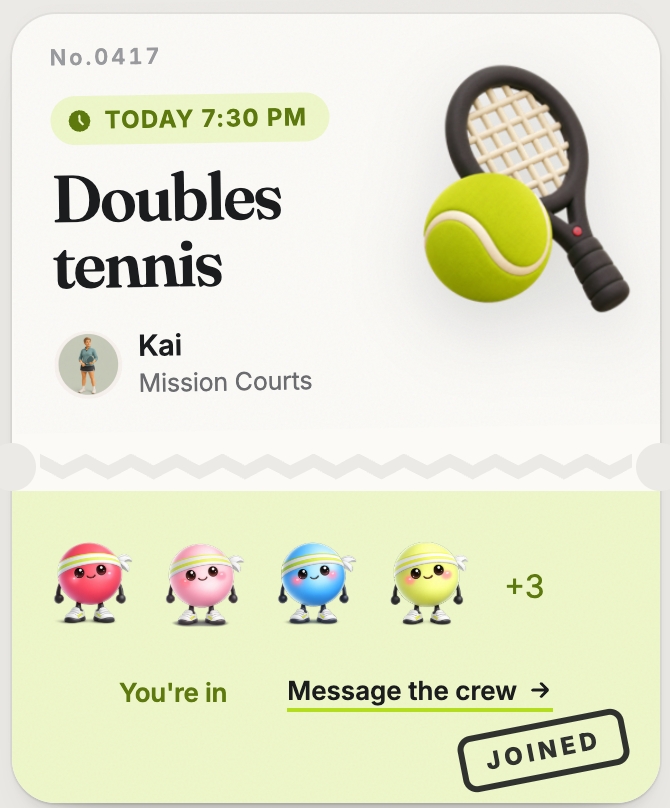 Doubles tennis activity after joining